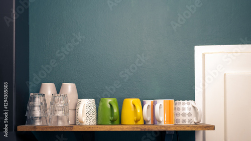 Variety of various cups, mugs and glasses for tea or coffee on wooden shelf in kitchen with colorful wall