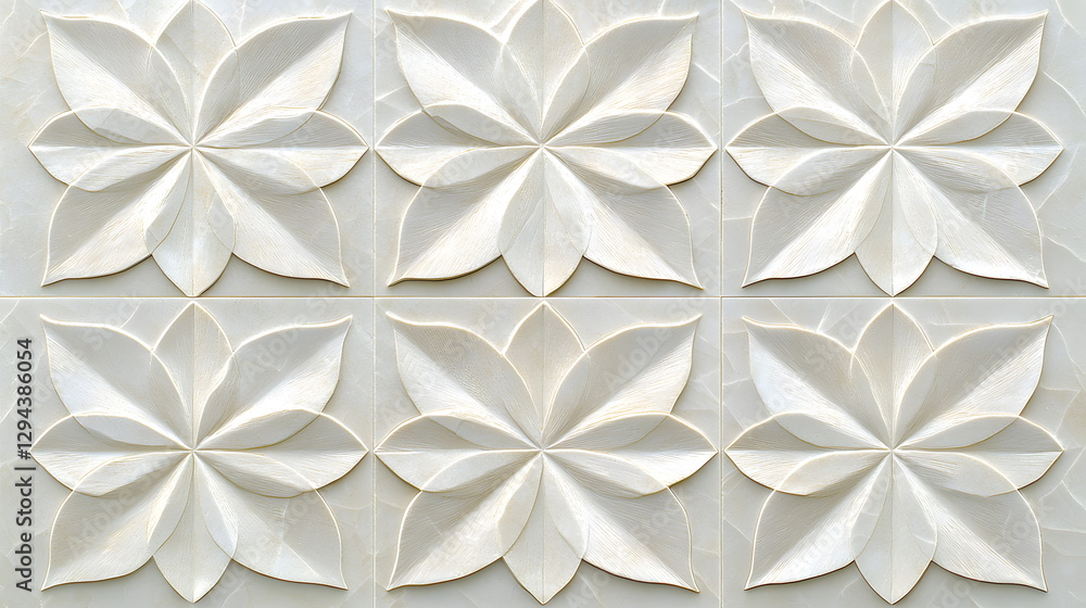 Elegant white floral pattern textured wall art with symmetrical petals creating a modern aesthetic design indoors. Elegant white floral pattern textured wall art with symmetrical petals creating a modern aesthetic design indoors.