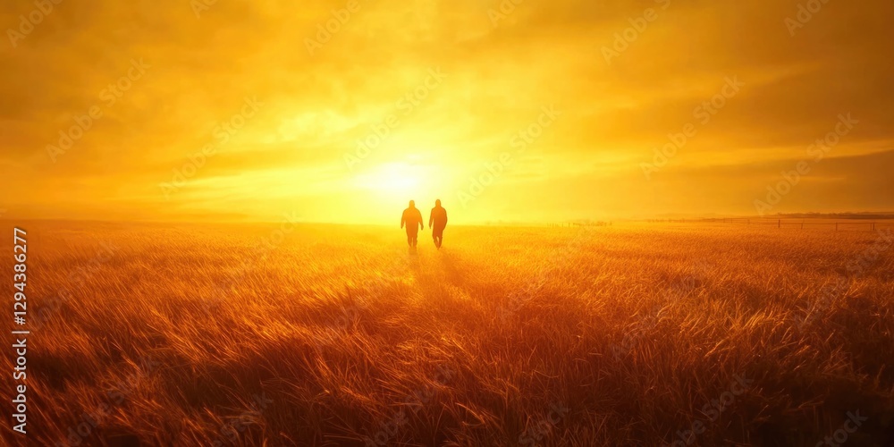 Fototapeta premium Two people standing in field at sunset