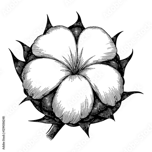 Cotton Flower Boll Bud in Detailed Black and White Vintage Style Outline Line Art Drawing