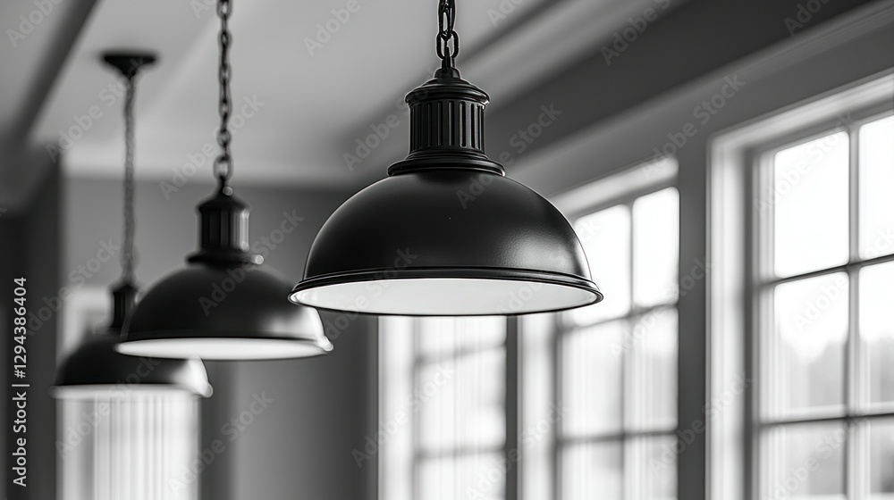 Obraz premium Modern black pendant lights in a kitchen, showcasing spacious windows