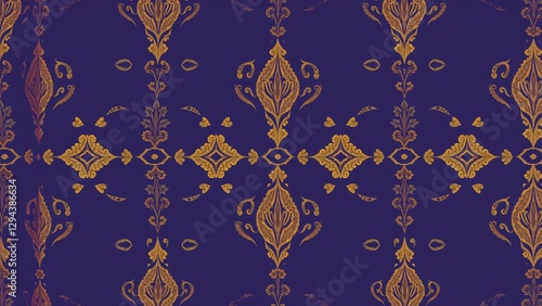 Seamless Golden Damask Pattern on Deep Purple Background - Luxurious Elegant Textile Design