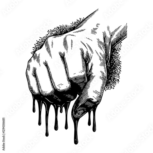 Hand Fist with Black Liquids Dripping Detailed Black and White Outline Line Art Drawing
