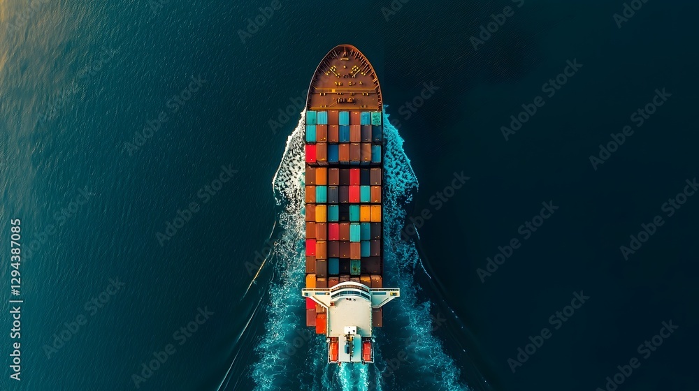 Naklejka premium Top down view of a shipping vessel seamlessly transporting a diverse array of multicolored cargo containers across the open sea