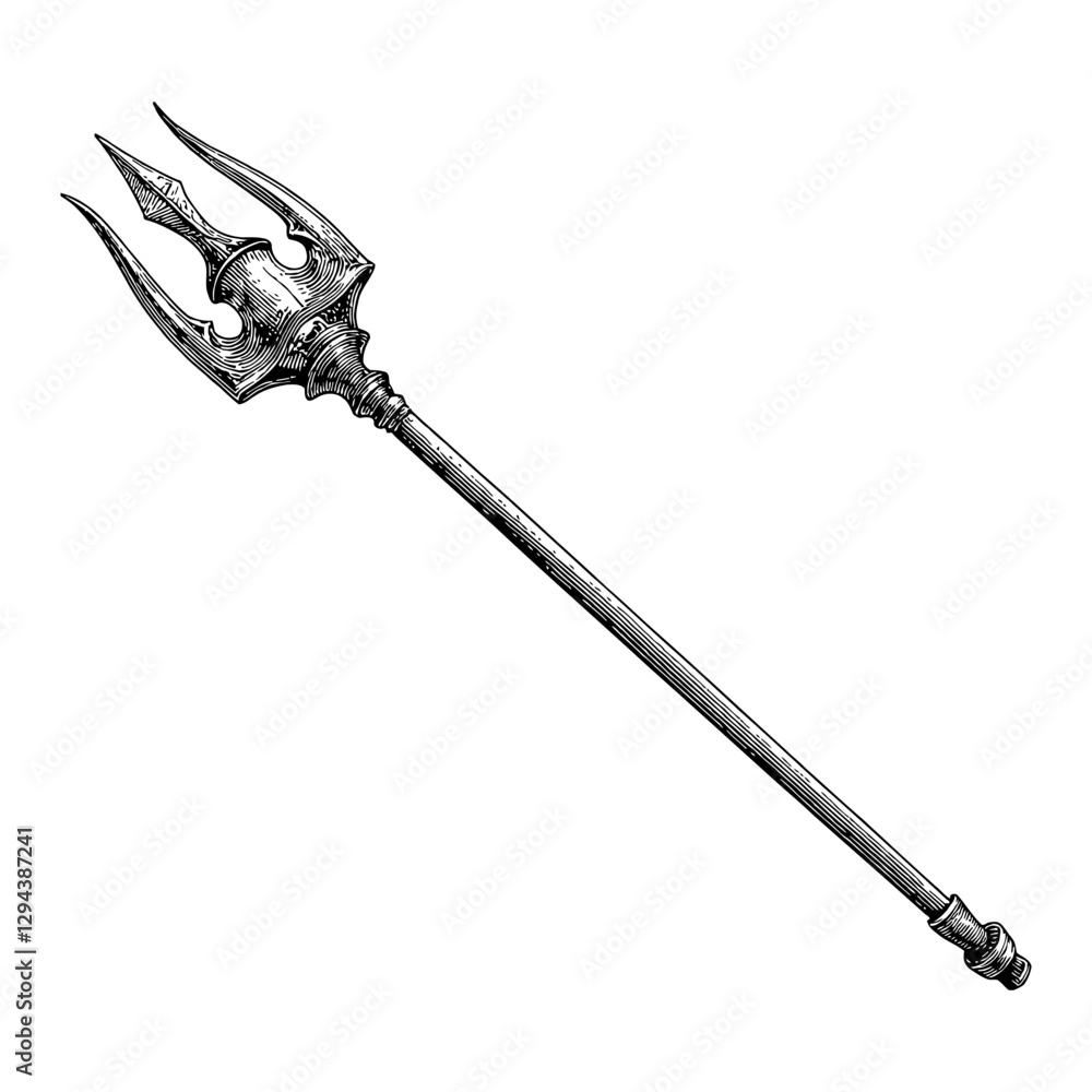 Fototapeta premium Detailed Trident Weapon Illustration in Black and White Outline Line Art Drawing Full Shot