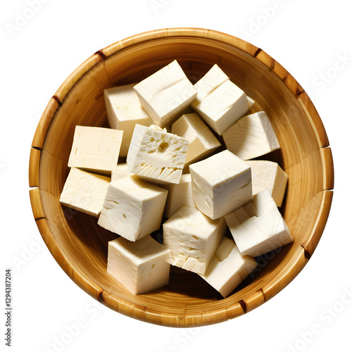 Tofu cheese cubes in a bamboo bowl photo