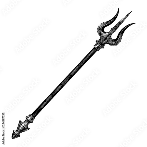 Vintage Engraved Trident Weapon Full Shot Black and White Outline Line Art Drawing Isolated
