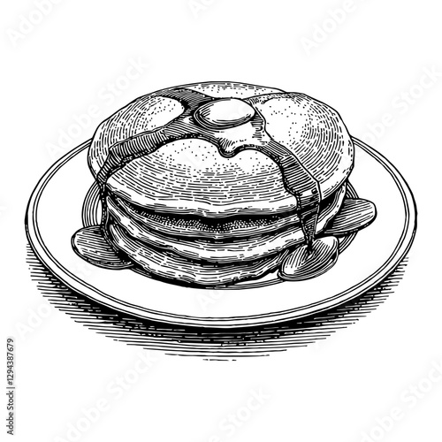 Delicious Stack of Pancakes with Syrup Black and White Outline Line Art Drawing