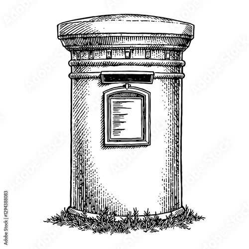 Vintage British Post Box Pillar in Detailed Black and White Outline Line Art Drawing