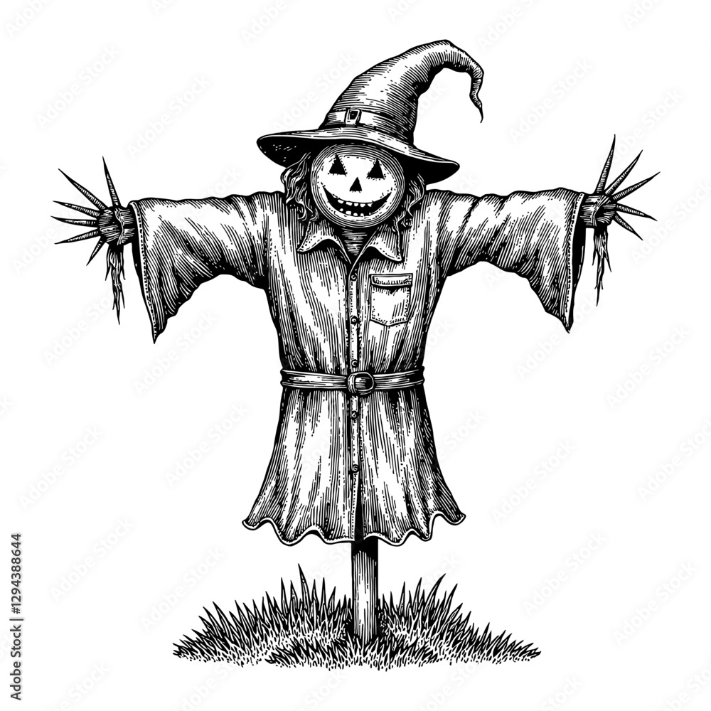 Obraz premium Scarecrow with Halloween Face Wearing Witch Hat Black and White Outline Line Art Drawing