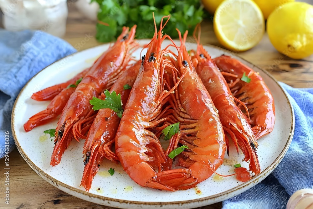 Delicious Red Shrimps Cooked to Perfection on Plate Delicious Red Shrimps Cooked to Perfection on Plate