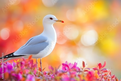 Elegant seagull portrait amidst a colorful garden setting illustration photo