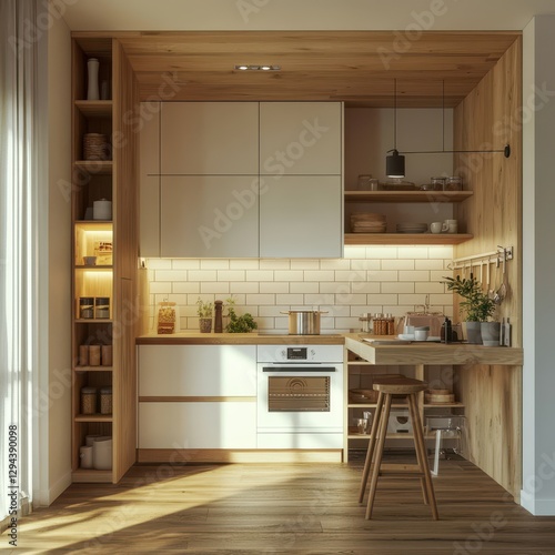 A modern kitchen with wooden finishes and a bright interior photo