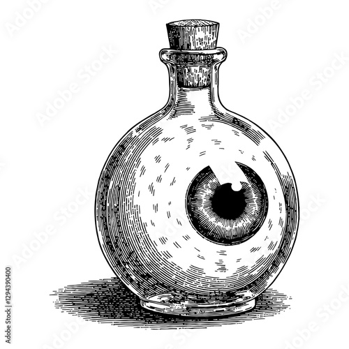 Eyeball Potion in Glass Bottle Engraved Black and White Outline Line Art Drawing Illustration