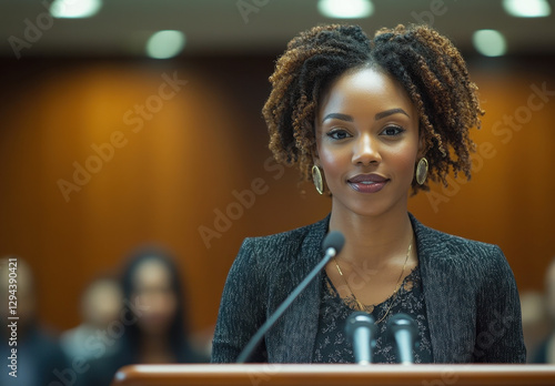 Confident African American Woman Public Speaker at Podium