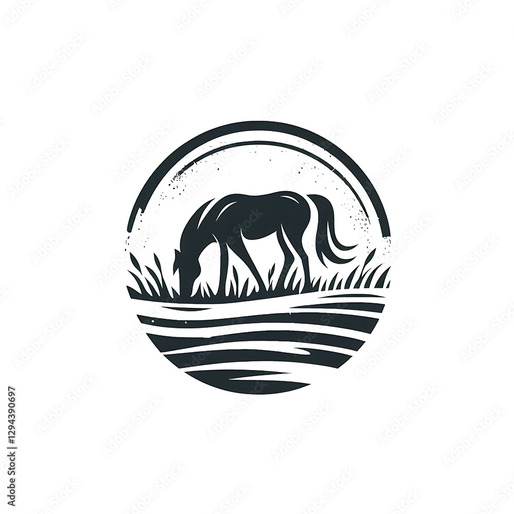 Fototapeta premium Silhouetted horse grazing near water, vintage style design.