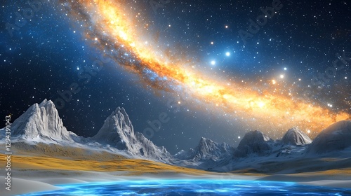 Breathtaking cosmic landscape with the Milky Way galaxy stretching across the night sky illuminating the rugged jagged mountain peaks in a serene and display