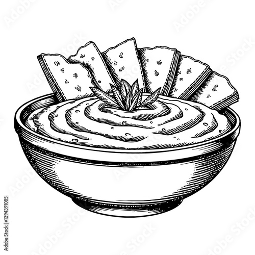 Bowl of Hummus with Pita Bread Slices Black and White Outline Line Art Drawing