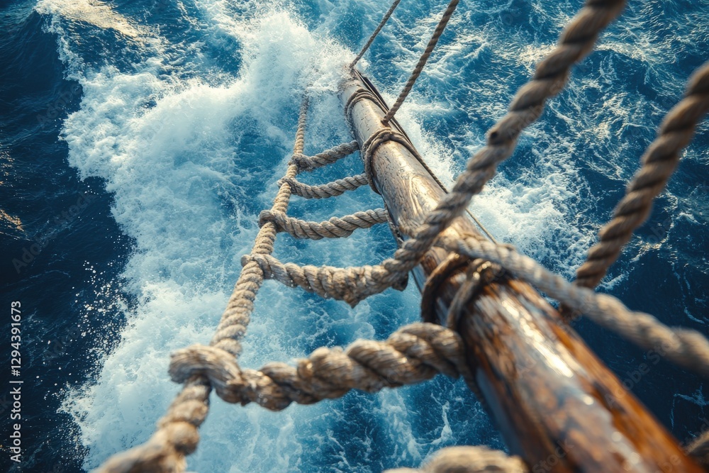 Fototapeta premium Sailing high above the turbulent waves on a wooden mast with rugged ropes during a sunny day at sea