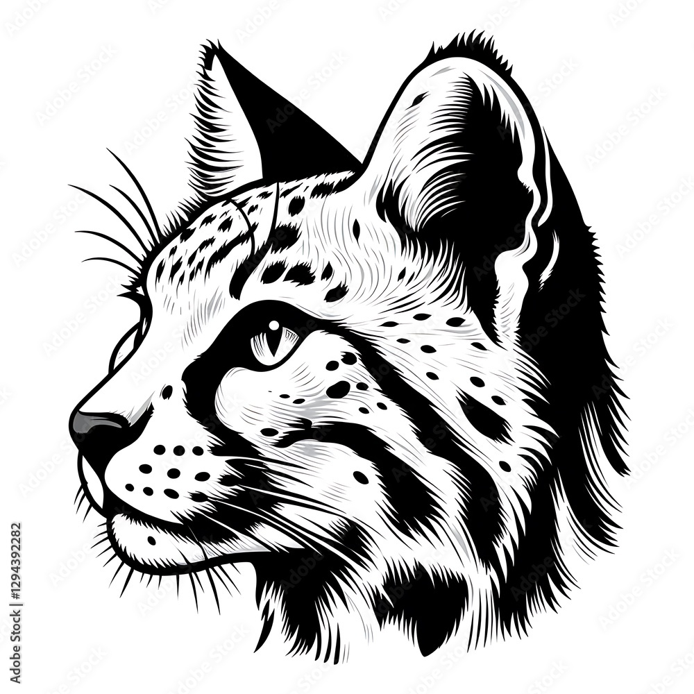 Obraz premium Detailed black and white illustration of a caracal's head in profile view, showcasing intricate details of the fur and facial features.
