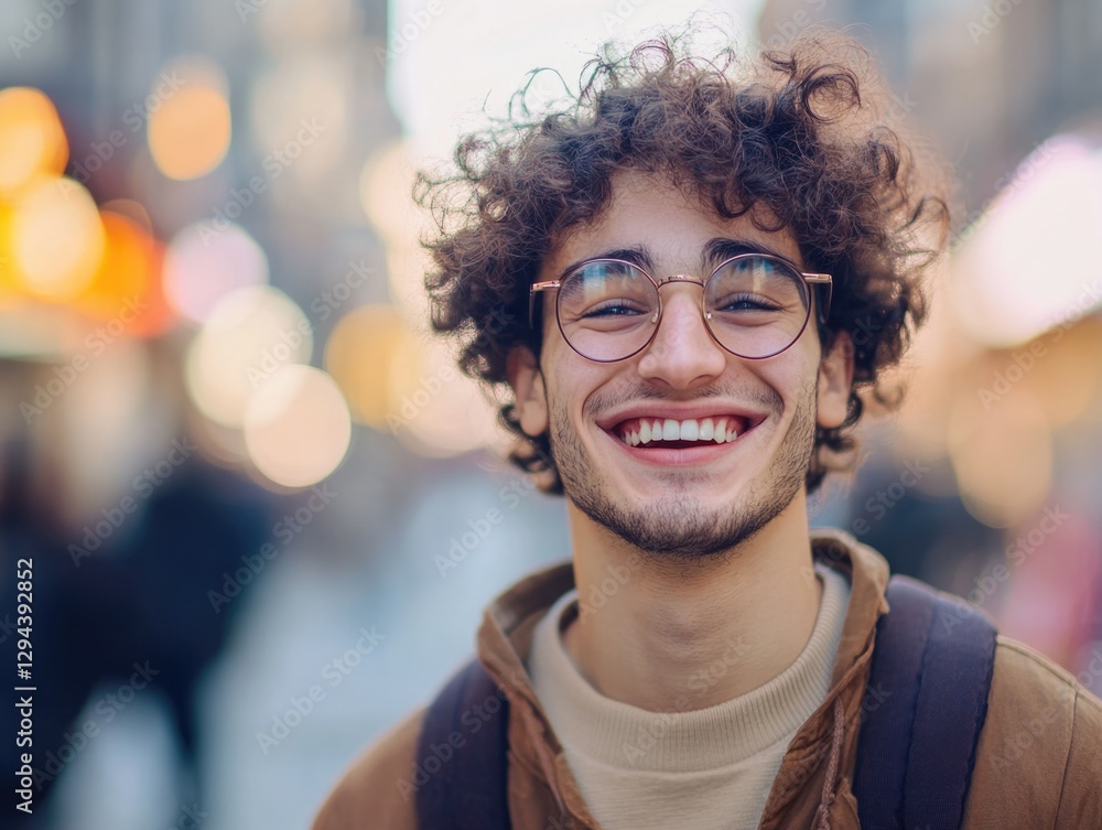 Man with Curly Hair and Glasses Smiling Man with Curly Hair and Glasses Smiling