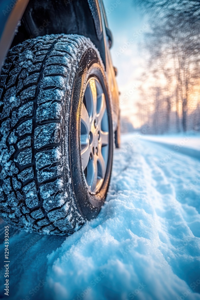 Naklejka premium Car tire on snowy road at winter sunset with sunlit trees and blue snow creating a serene winter driving scene