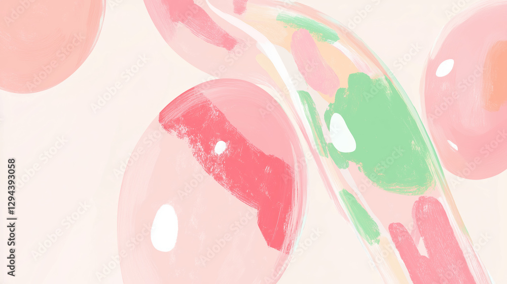 2D illustration of Artistic representation of colorful abstract shapes and bubbles, featuring soft pinks, greens, and reds, creating playful and vibrant atmosphere 2D illustration of Artistic representation of colorful abstract shapes and bubbles, featuring soft pinks, greens, and reds, creating playful and vibrant atmosphere