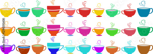 isolated elements of a cup of coffee tea of bright color of different shapes on a white background silhouettes icon web design