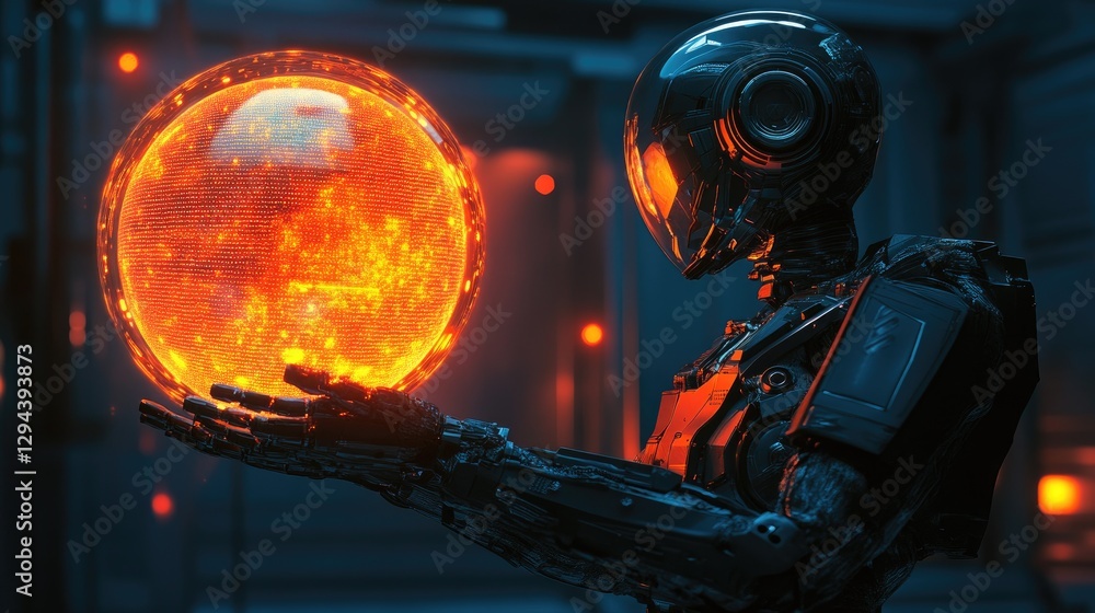 Fototapeta premium A futuristic robot offering a human a glowing, transparent data sphere.