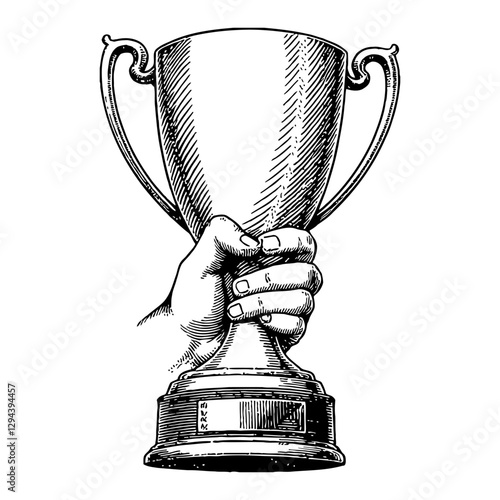 Hand Holding a Trophy Cup Celebration Win Success Black and White Outline Line Art Drawing