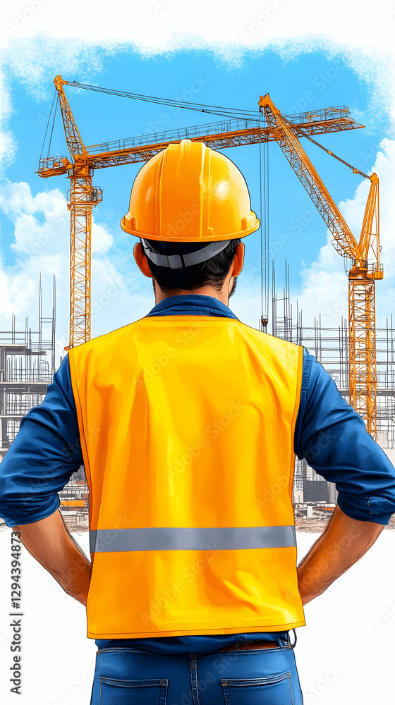 Construction worker overlooking a building site Construction worker overlooking a building site