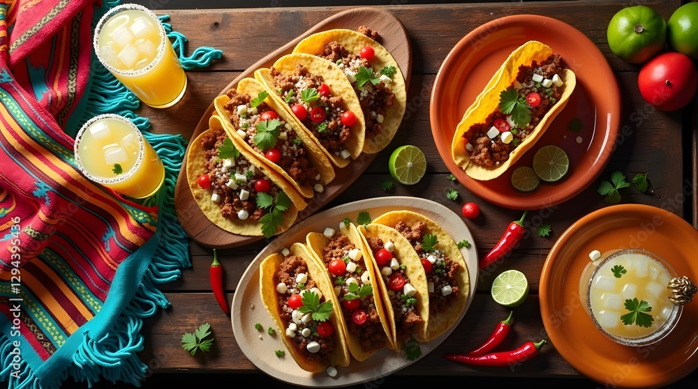 Mexican Tacos and Margaritas on a Colorful Cinco de Mayo Table, Authentic Mexican Street Tacos with Fresh Ingredients and Spicy Peppers, Traditional Mexican Fiesta Table with Tacos, Margaritas Mexican Tacos and Margaritas on a Colorful Cinco de Mayo Table, Authentic Mexican Street Tacos with Fresh Ingredients and Spicy Peppers, Traditional Mexican Fiesta Table with Tacos, Margaritas