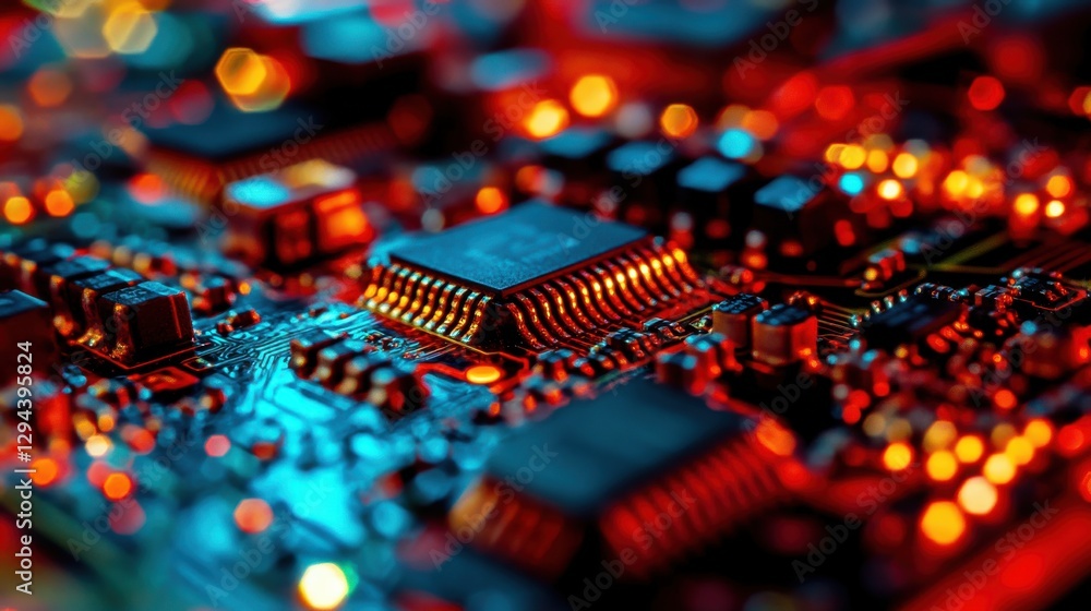 Fototapeta premium Close-Up View of Colorful Circuit Board with Chips and Lights
