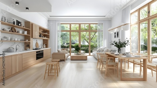 Elegant and cozy open concept kitchen and dining area with high end wooden and marble furnishings bathed in soft natural light and exuding a harmonious blend of modern design and warm