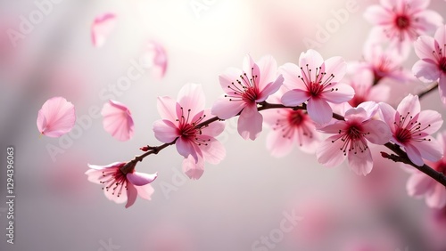 Delicate Pink Cherry Blossom Branch with Petals Floating Elegantly