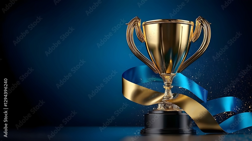 Elegant golden trophy with dynamic flowing ribbons against a professional dark blue backdrop This 3D depicts a symbol of business competition victory and professional achievement Elegant golden trophy with dynamic flowing ribbons against a professional dark blue backdrop This 3D depicts a symbol of business competition victory and professional achievement