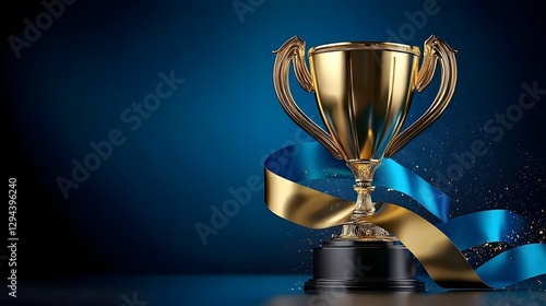 Elegant golden trophy with dynamic flowing ribbons against a professional dark blue backdrop  This 3D depicts a symbol of business competition victory and professional achievement