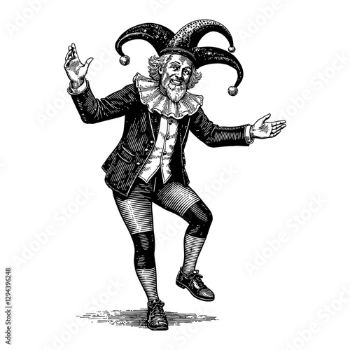 Medieval Jester Dancing with Hat Costume in Black and White Outline Line Art Drawing