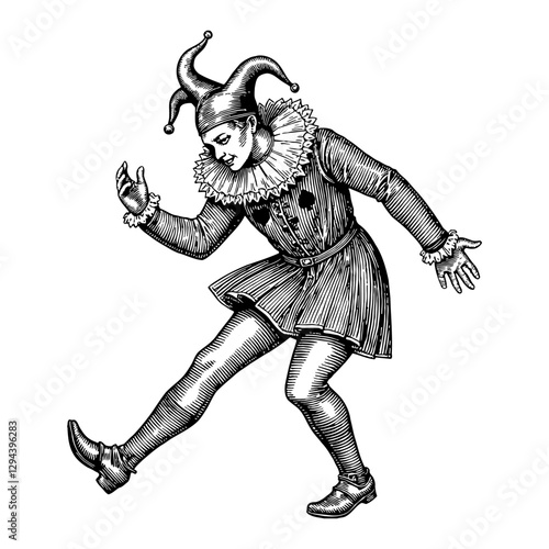Medieval Jester Dancing in Striped Costume Detailed Black and White Outline Line Art Drawing
