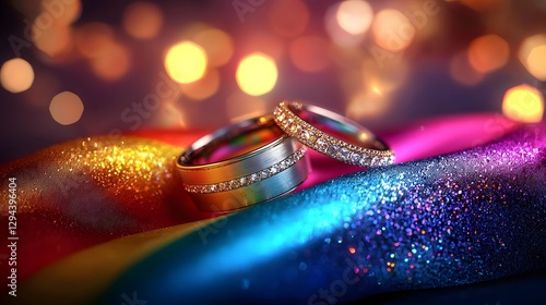 Obraz na płótnie Elegant wedding rings sparkling atop the vibrant LGBT pride flag with smooth fabric gently rippling and warm ambient lighting emphasizing the deep connection and devotion in relationships w salonie