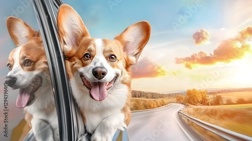 Obraz na płótnie Energetic Corgi Embracing the Excitement of a Countryside Road Trip Head Joyfully Out the Car Window as the Sunlit Rural Landscape Rolls By Capturing the Spirit of Travel and Adventure w salonie