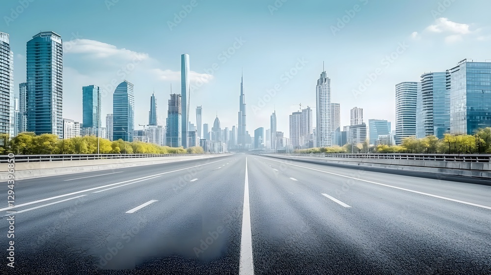 Expansive urban skyline with open road leading towards towering skyscrapers evoking a sense of journey ambition and endless possibilities