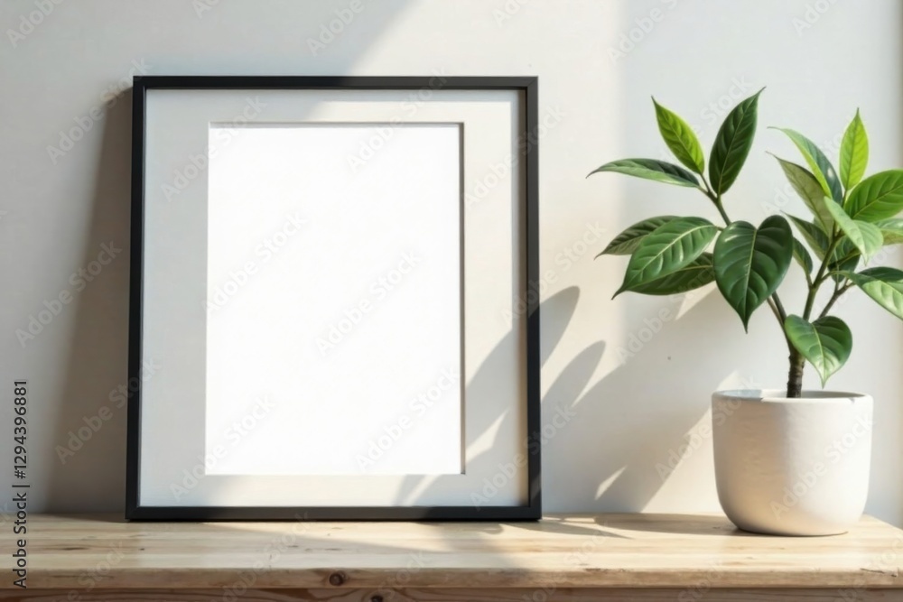 Blank picture frame mockup on wooden surface with potted plant and sunlight Blank picture frame mockup on wooden surface with potted plant and sunlight