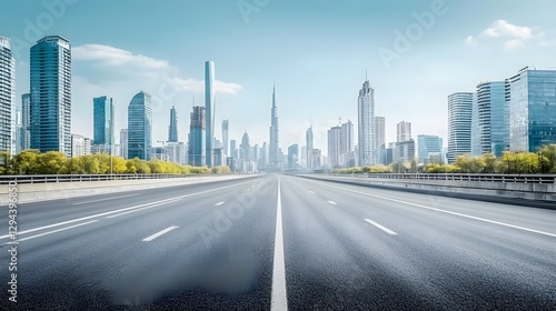 Obraz na płótnie Expansive urban skyline with open road leading towards towering skyscrapers evoking a sense of journey ambition and endless possibilities w salonie