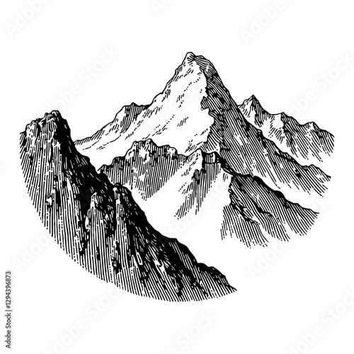Mountain Peaks with Snow Detailed Landscape Black and White Outline Line Art Drawing