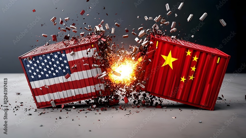 Explosive Mid Air Collision of American and Chinese Shipping Containers Shattered Metal Fragments Flying Amidst Intense Political and Economic Struggle Captured in a Dynamic Visual