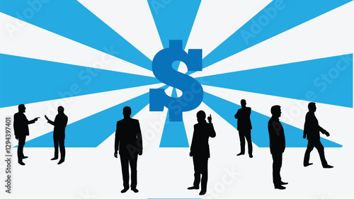 Silhouettes of Business People with Dollar Sign in the Background. Trading finances and company CEO leadership, HR finding white collar work concept vector art