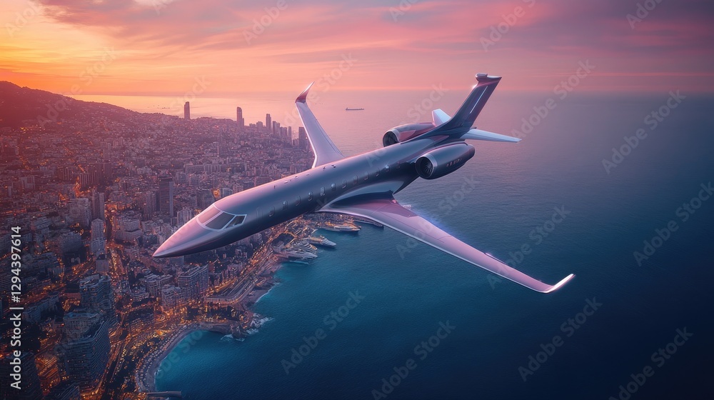 Naklejka premium A sleek jetliner flying above a coastal city at twilight, its wings cutting through the pastel-colored sky.