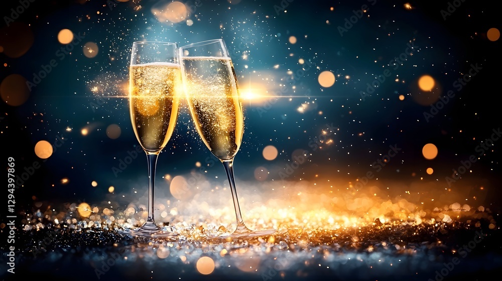 Festive and sophisticated champagne with sparkling flutes and a dreamy golden bokeh overlay creating a refined celebratory mood with a touch of glamour