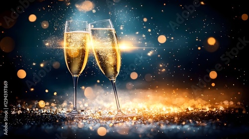 Obraz na płótnie Festive and sophisticated champagne with sparkling flutes and a dreamy golden bokeh overlay creating a refined celebratory mood with a touch of glamour w salonie
